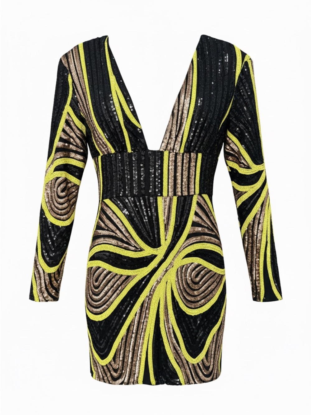 Long Sleeve Sequin Mini Dress in Black, Gold & Lime